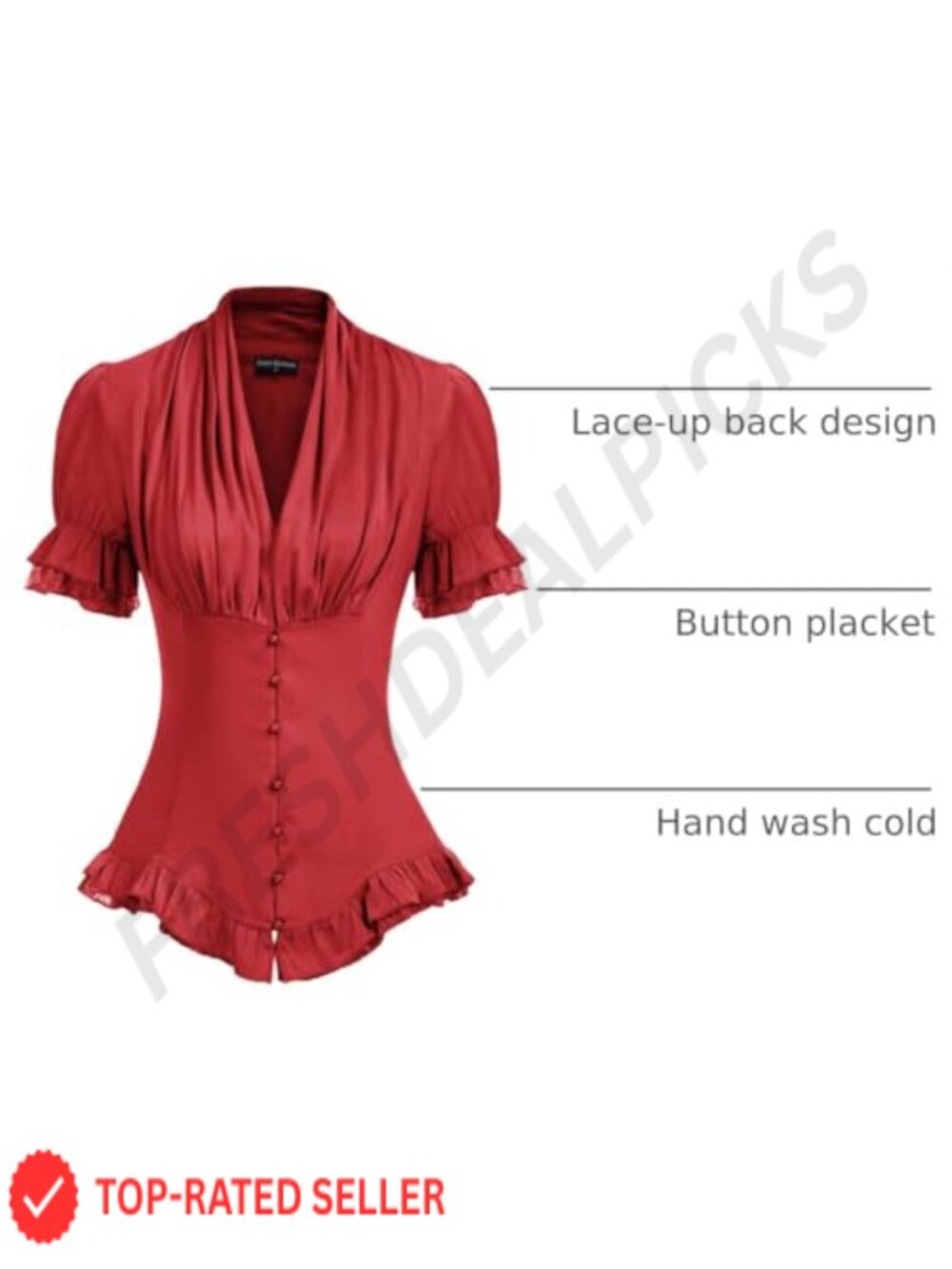 Victorian Short Sleeve Blouse Button Down Work Top Ruffled - Picture 3 of 6